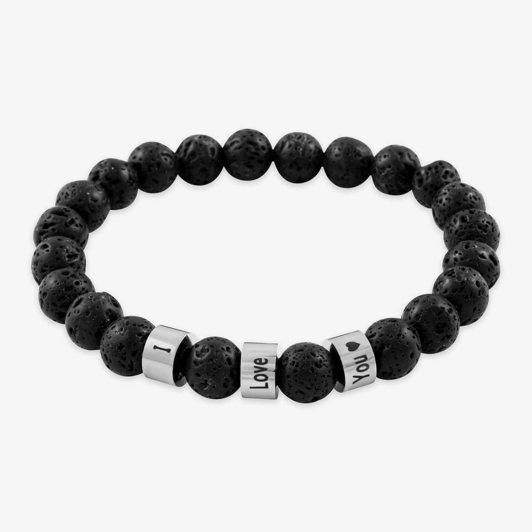 Black beaded bracelet with three engravable stainless steel rings displaying "I Love You"