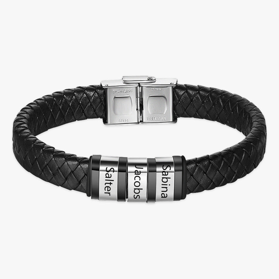 Customizable men's leather bracelet with 3 engravable rings on a sophisticated black faux leather strap