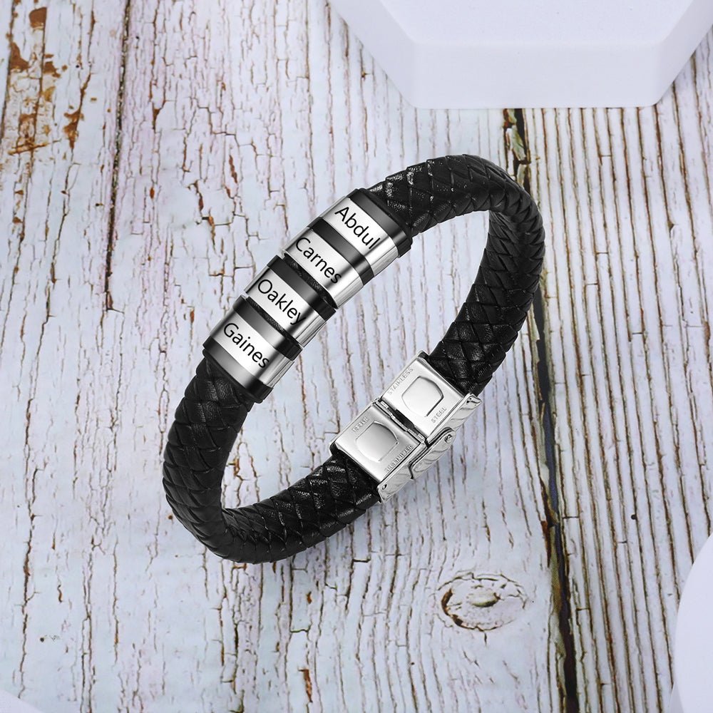 Customizable Men's Leather Bracelet with 4 Engravings - Herzschmuck