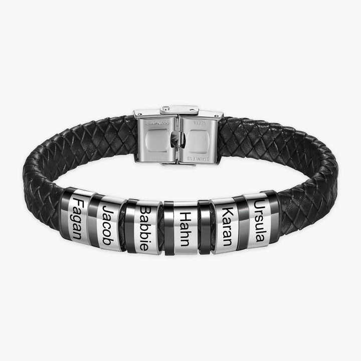 Customizable men's leather bracelet with 6 engravings on faux leather strap and stainless steel rings