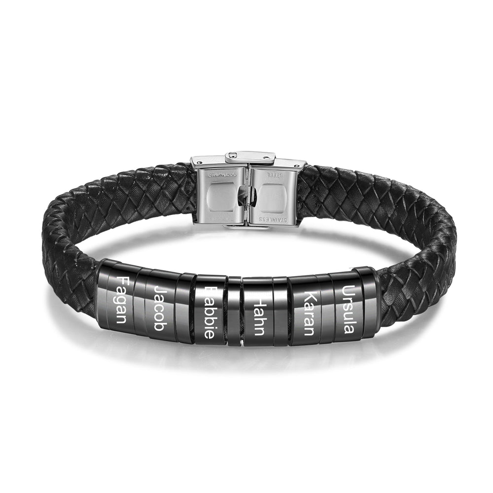 Customizable men's leather bracelet with 6 engravings on a black faux leather band with stainless steel rings displaying names.