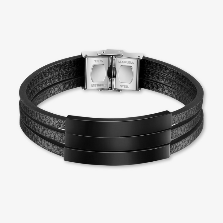 Customizable black leather bracelet with three engravings, stainless steel clasp, and elegant design, perfect for personalizing your style.