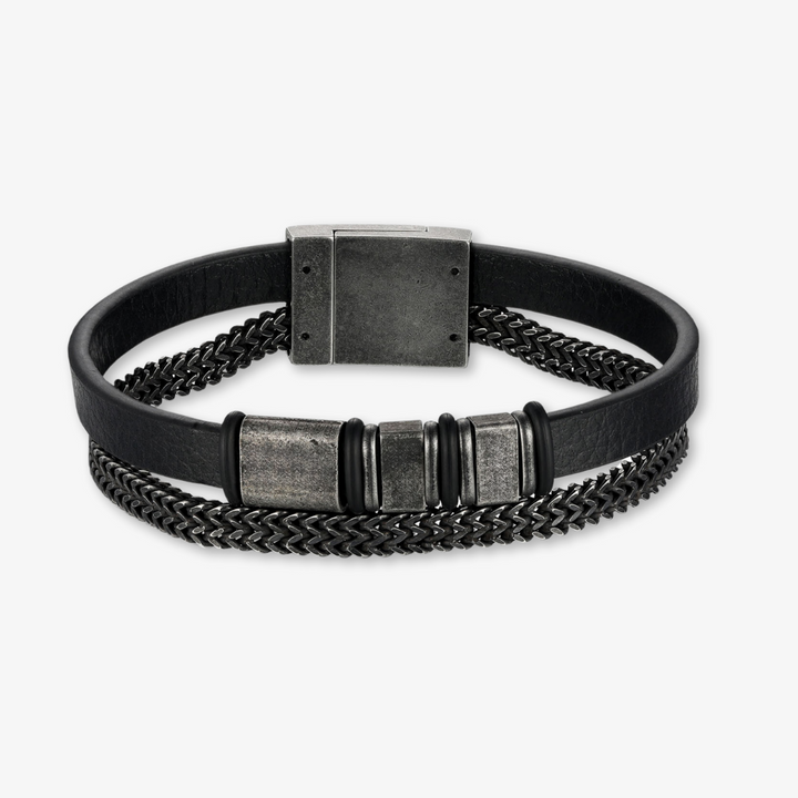 Personalized black leather bracelet with stainless steel chain and three engravings options.