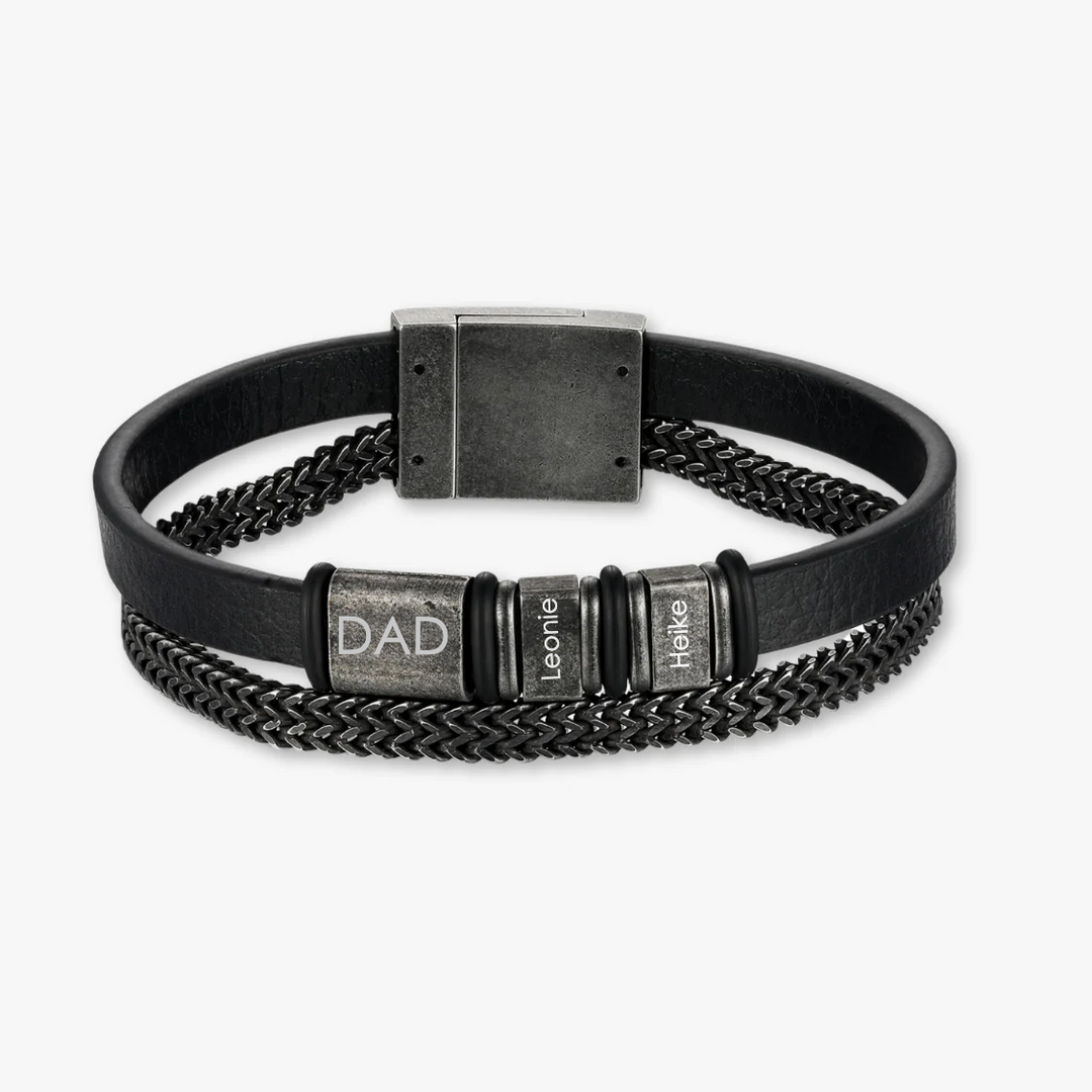 Personalized black leather bracelet with stainless steel chain and three custom engravings, stylish men's accessory