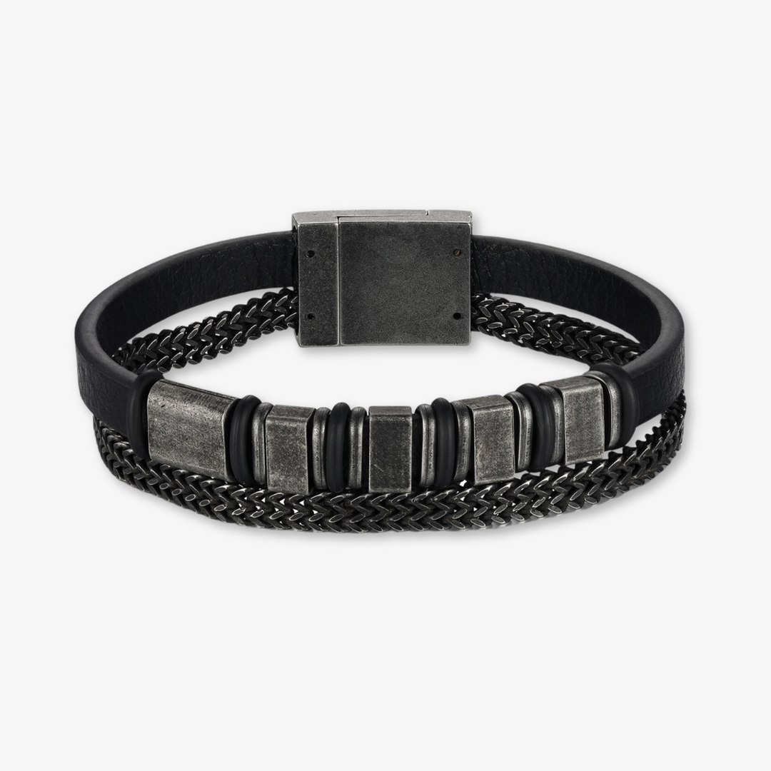 Personalized black leather bracelet with stainless steel chain and five customizable engravings.