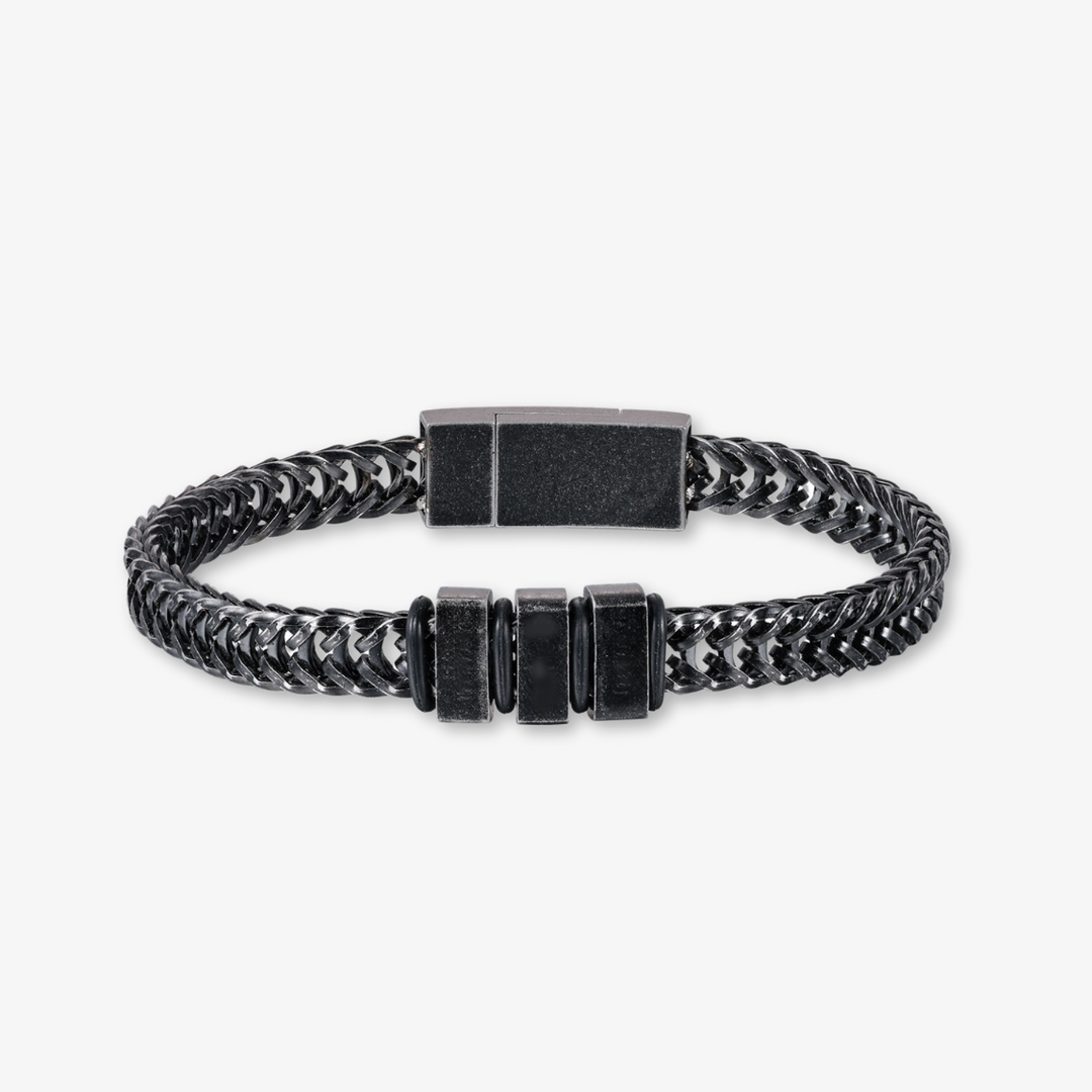 Black vintage-style personalized stainless steel curb chain bracelet with three engravings.