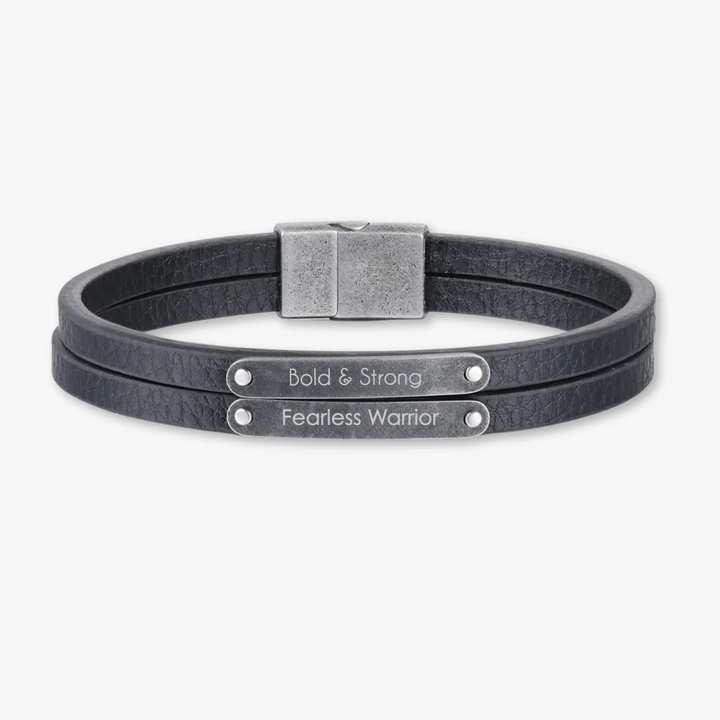 Customizable dark grey leather bracelet with two engravings "Bold & Strong" and "Fearless Warrior"