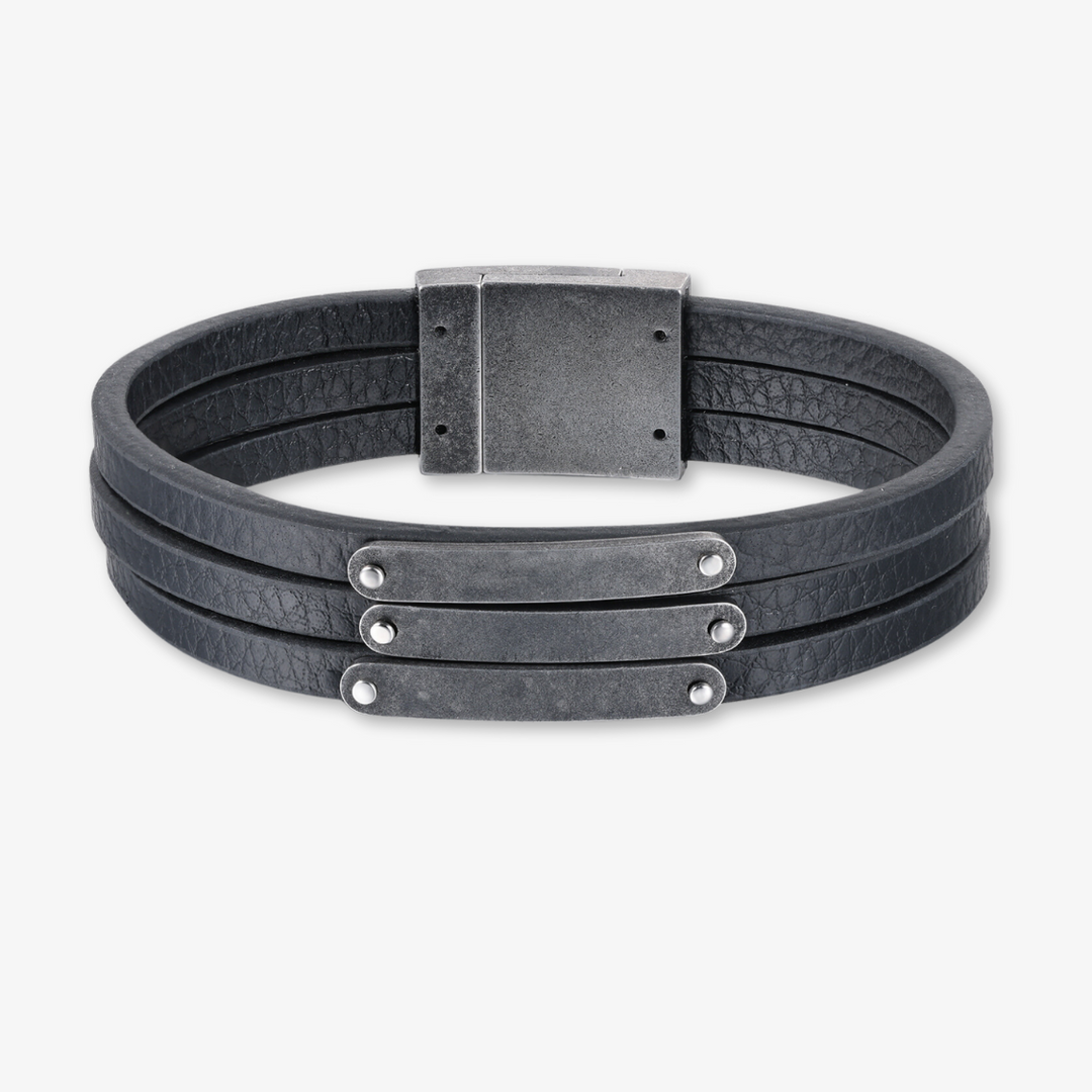 Customizable dark grey leather bracelet with three engravings and high-quality stainless steel clasp