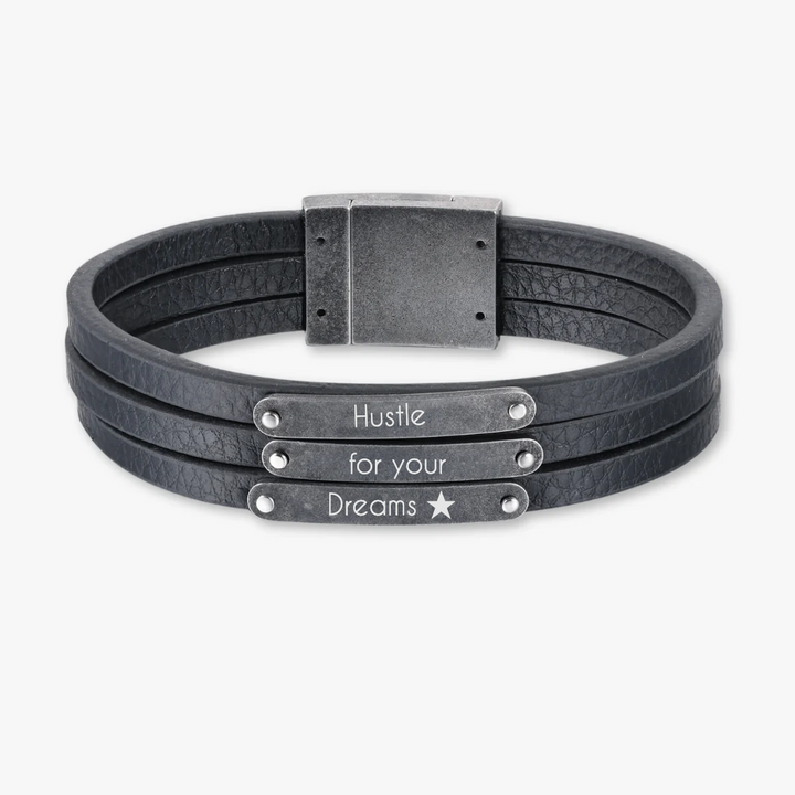 Customizable dark grey leather bracelet with three engravings - Herzschmuck