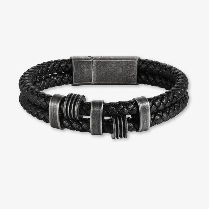 Personalized black braided leather bracelet with dark grey stainless steel rings and engravings options.