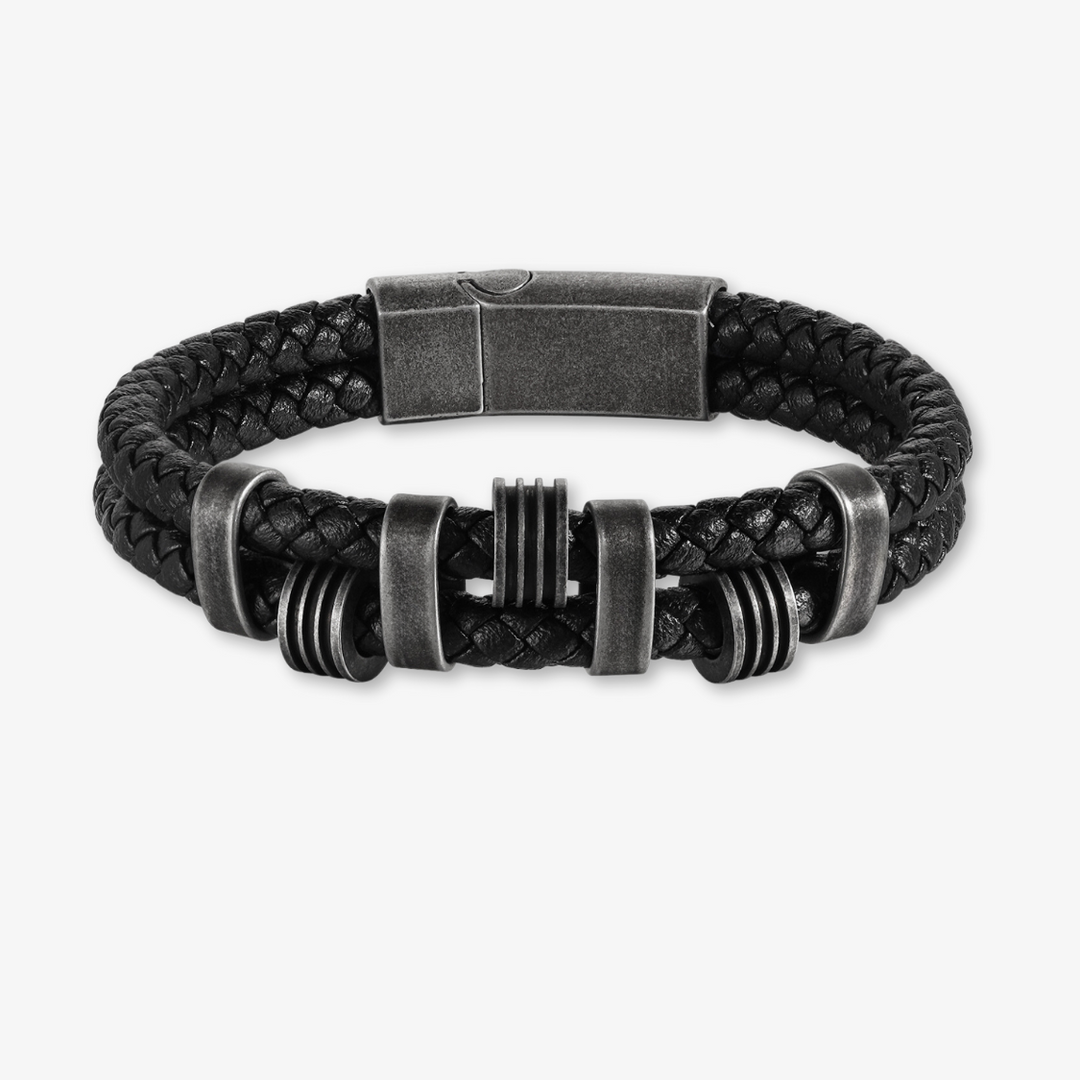 Personalized black braided leather bracelet with dark grey stainless steel rings and up to four engravings, 21.5cm.