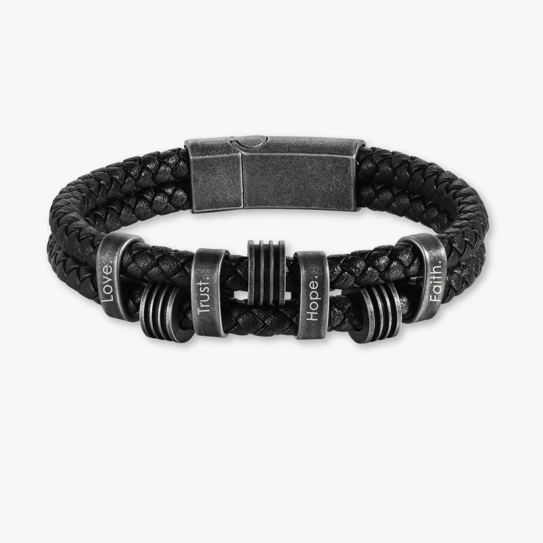 Personalized Black Braided Leather Bracelet with Dark Grey Stainless Steel Rings - Herzschmuck