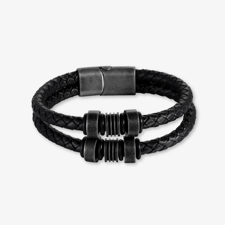 Black braided leather bracelet with stainless steel clasp and four engraving options for personalization.