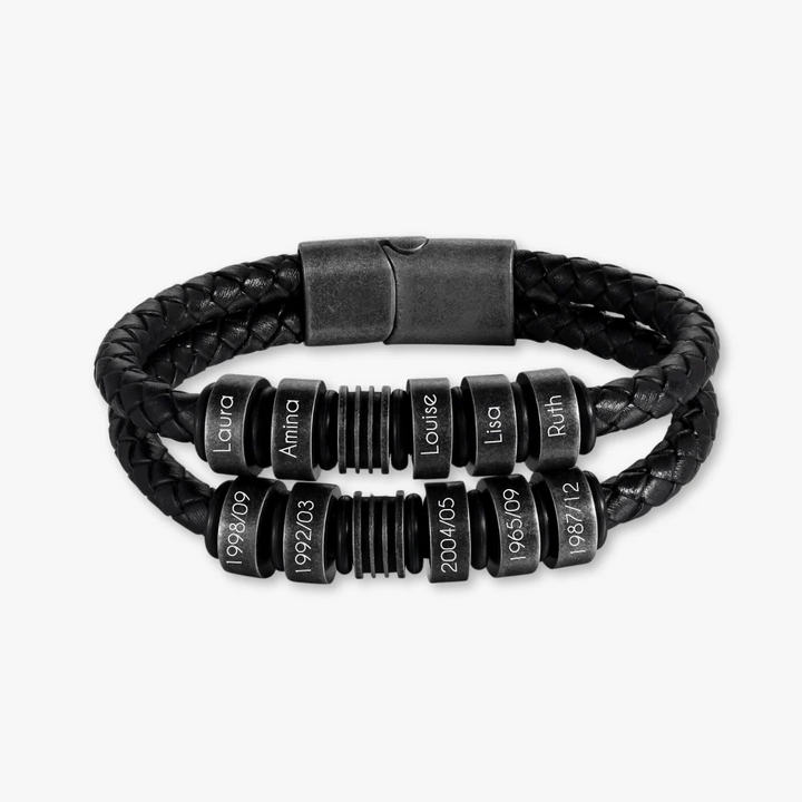 Black braided leather bracelet with ten custom engraved rings, featuring personal engravings, 19cm stainless steel clasp.