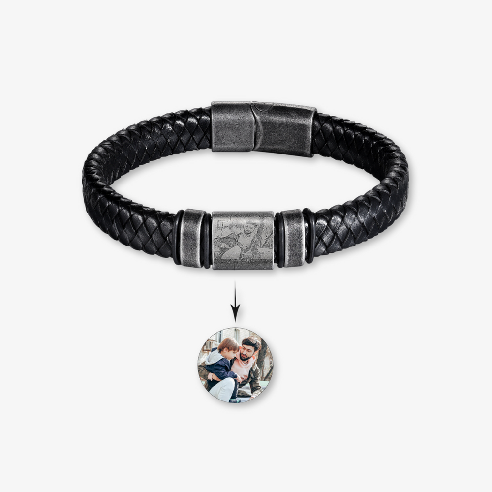 Black personalized leather bracelet with two engravings and custom photo engraving, featuring retro stainless steel accents.