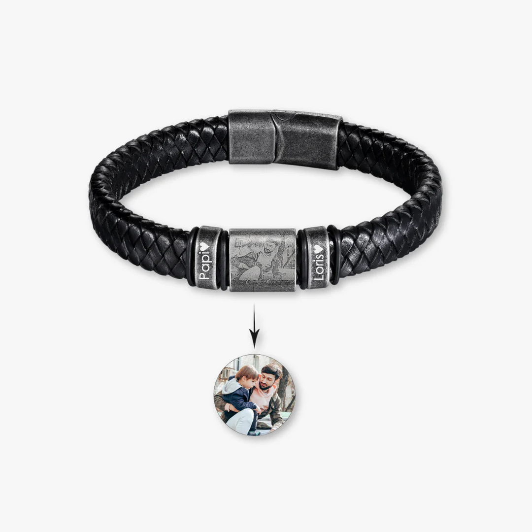 Black personalized leather bracelet with two engravings and a central photo engraving for custom style.