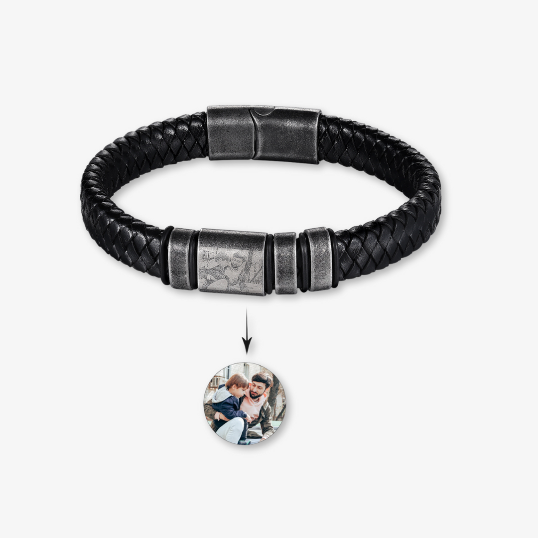 Custom black leather bracelet with three engravings and a photo, made from stainless steel, 23.5cm, personalized and retro design.