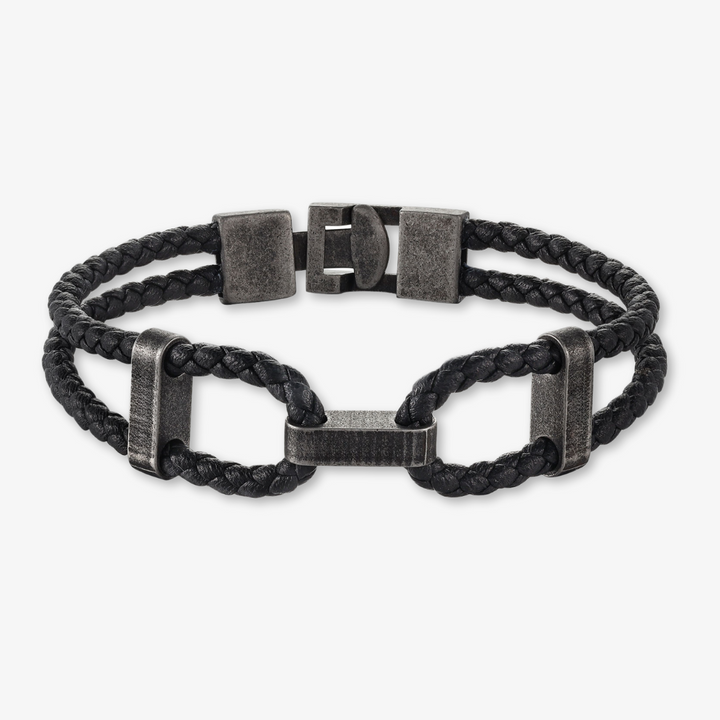 Stylish Vintage Black Braided Leather Bracelet with 3 Engravable Plates - Herzschmuck