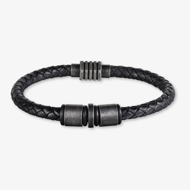 Simple vintage black braided leather bracelet with 2 black metallic stainless steel engraving rings for personalization