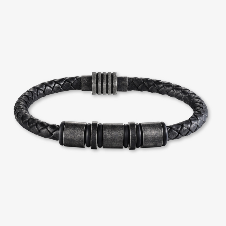 Simple vintage black braided leather bracelet with three engraving rings for customization.