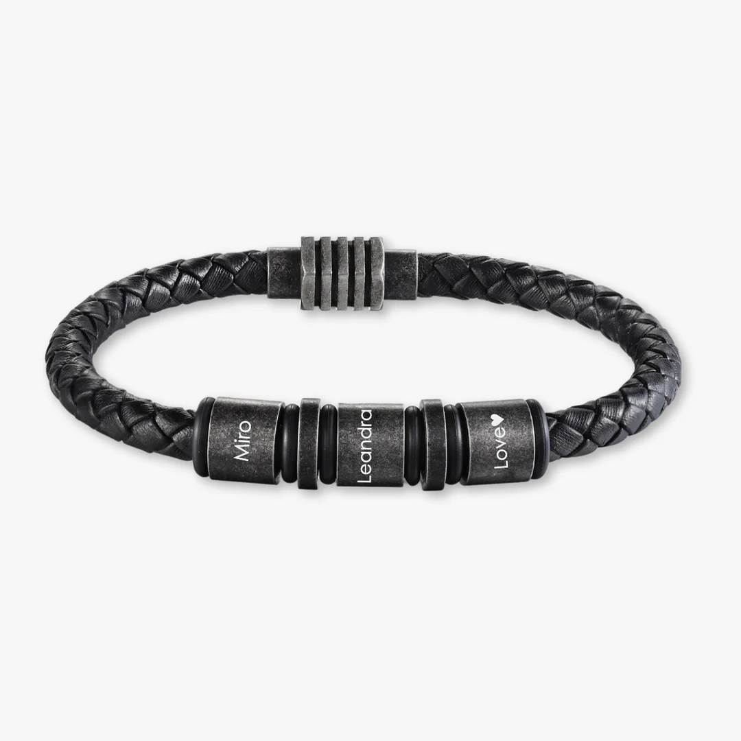 Simple vintage black braided leather bracelet with three engraving rings featuring customizable names for personalization.