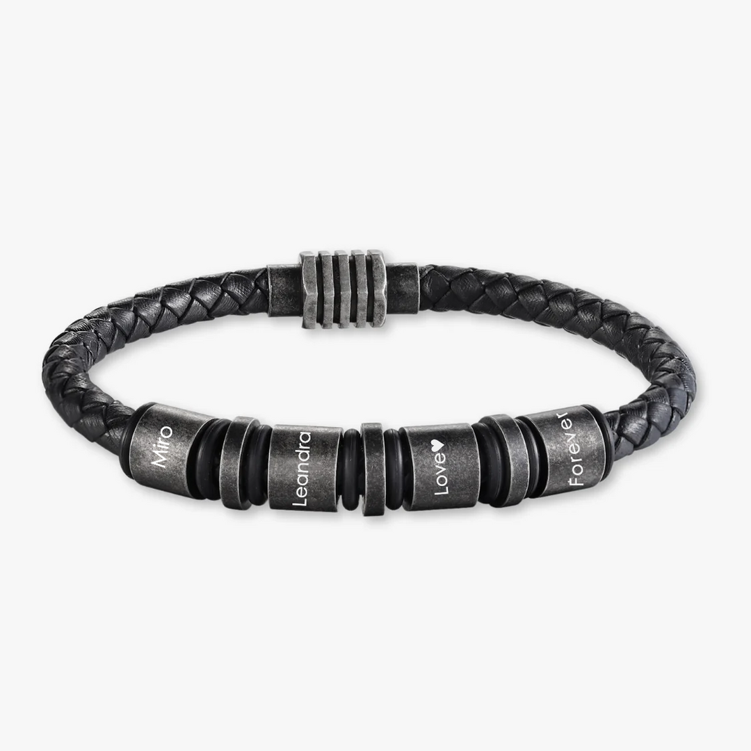 Simple vintage black braided leather bracelet with four black metallic engraving rings for personalization