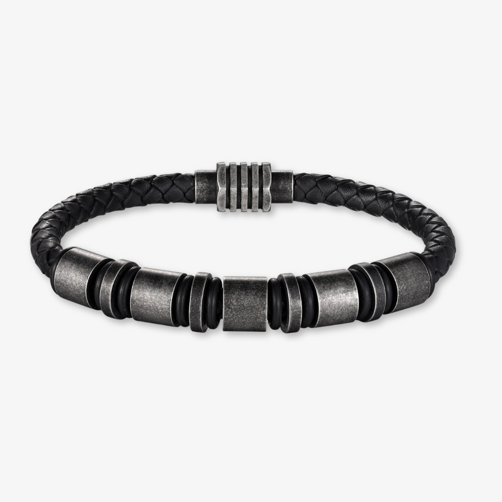 Simple vintage black braided leather bracelet with five customizable engraving rings in black metallic stainless steel.