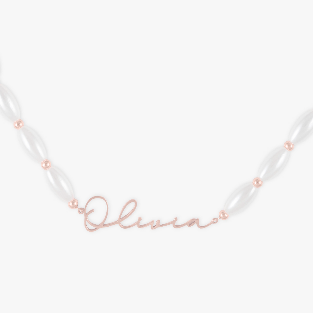 Customizable Signature Name Necklace with Oval Pearls in 925 Sterling Silver