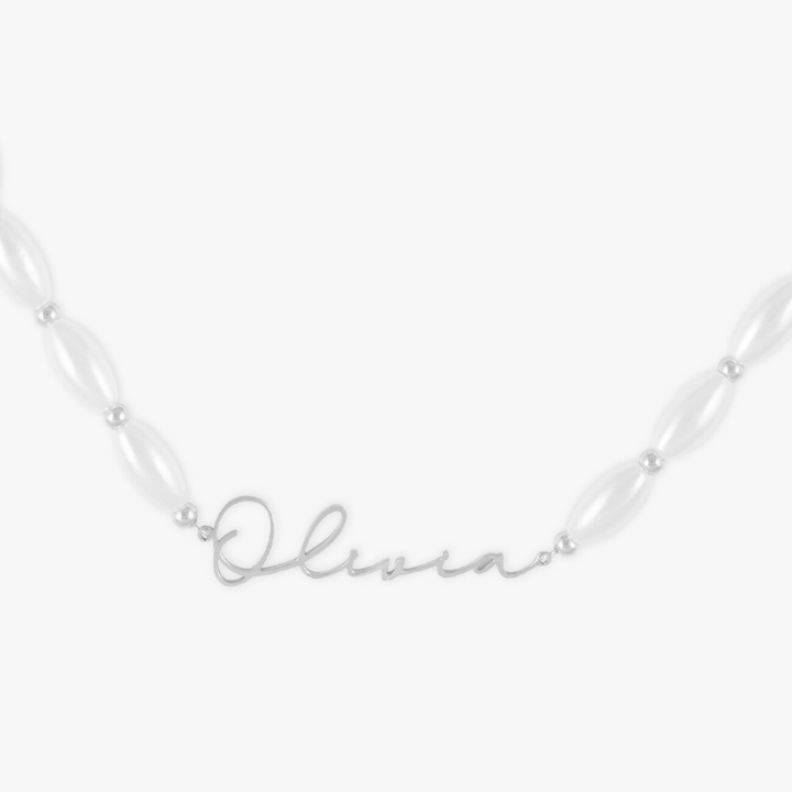 Customizable Pearl Name Necklace in Signature Script with Oval Pearls in 925 Sterling Silver