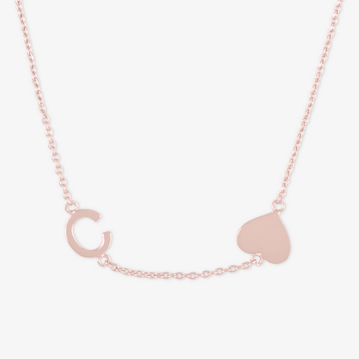 925 sterling silver sideways letter necklace with heart pendant and customizable initial charm in rose gold plating