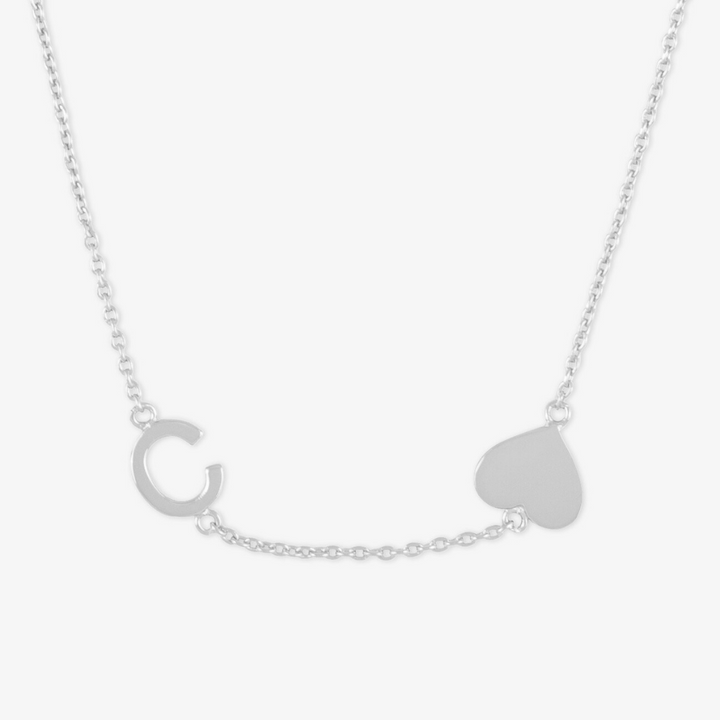 Sideways letter C necklace in 925 sterling silver with heart charm