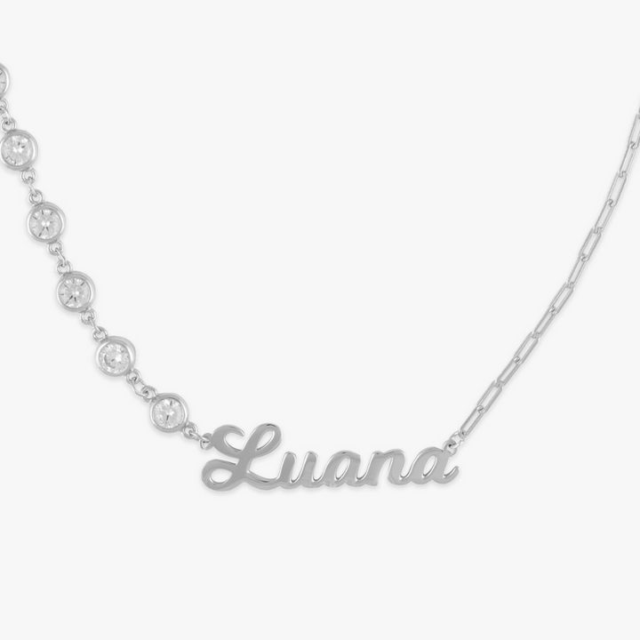 Silver cursive name necklace with "Luana" inscription and zirconia detail