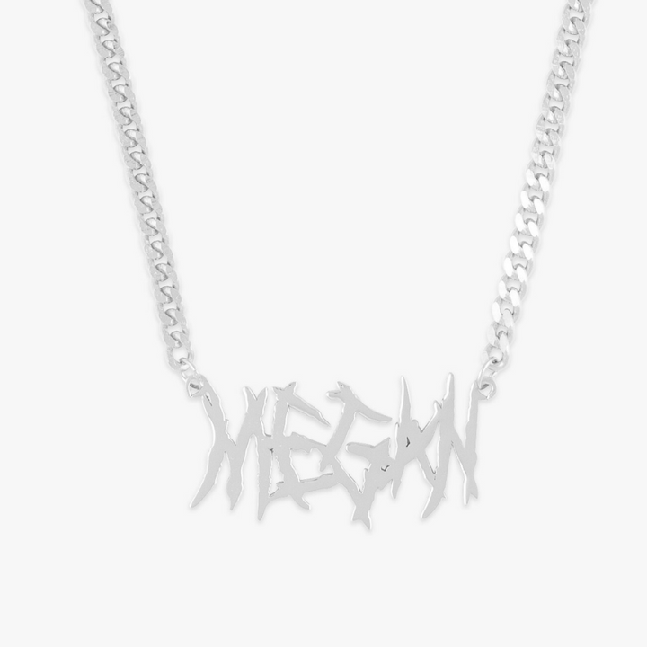 Heavy Metal Name Necklace with Curb Chain, Sterling Silver, showcasing the name "Megan" in a bold, rebellious heavy metal style.