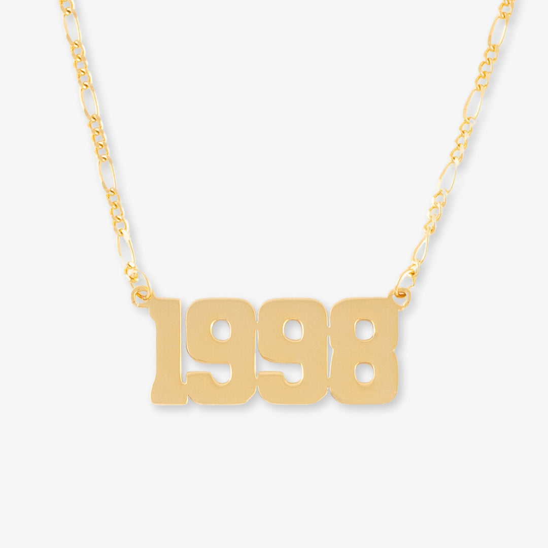 Gold Figaro Vintage Year Necklace in 925 Sterling Silver with '1998' year pendant on white background