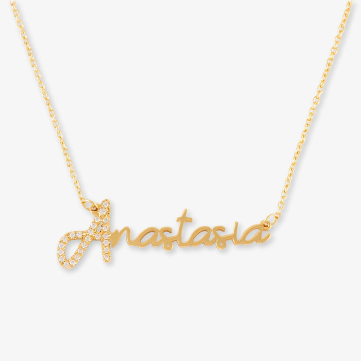 Luxury name necklace with zirconia in beautiful script on 925 sterling silver chain