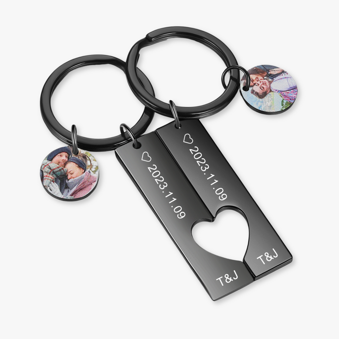 Custom photo keychain set with engraved stainless steel heart bars and personalized photo charms, perfect couple's gift.