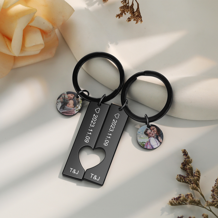 Custom Photo Keychain Set with Engraved Stainless Steel Heart Bars for Couples