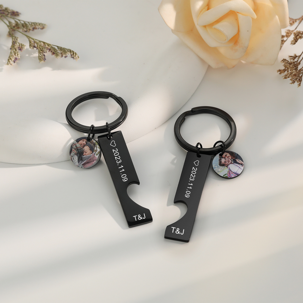 Custom photo keychain set with engraved stainless steel heart bars and personalized couple's photos, ideal personalized gift.