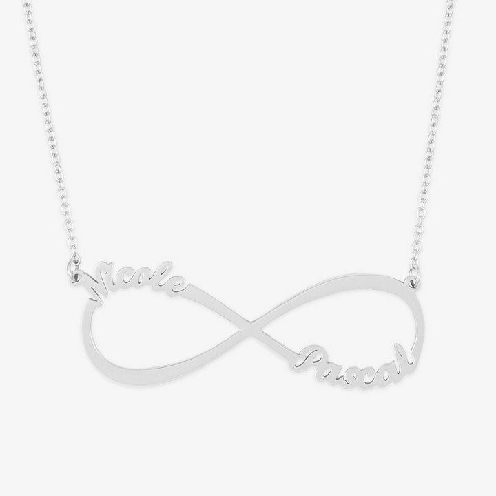 Personalized Infinity Name Necklace in Sterling Silver with "Nicole" and "Pascal" names, symbolizing eternal love and connection