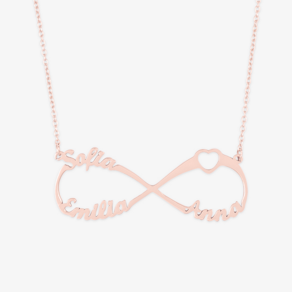 Triple Name Infinity Necklace with Heart Detail in Sterling Silver with names Sofia, Emilia, and Anna