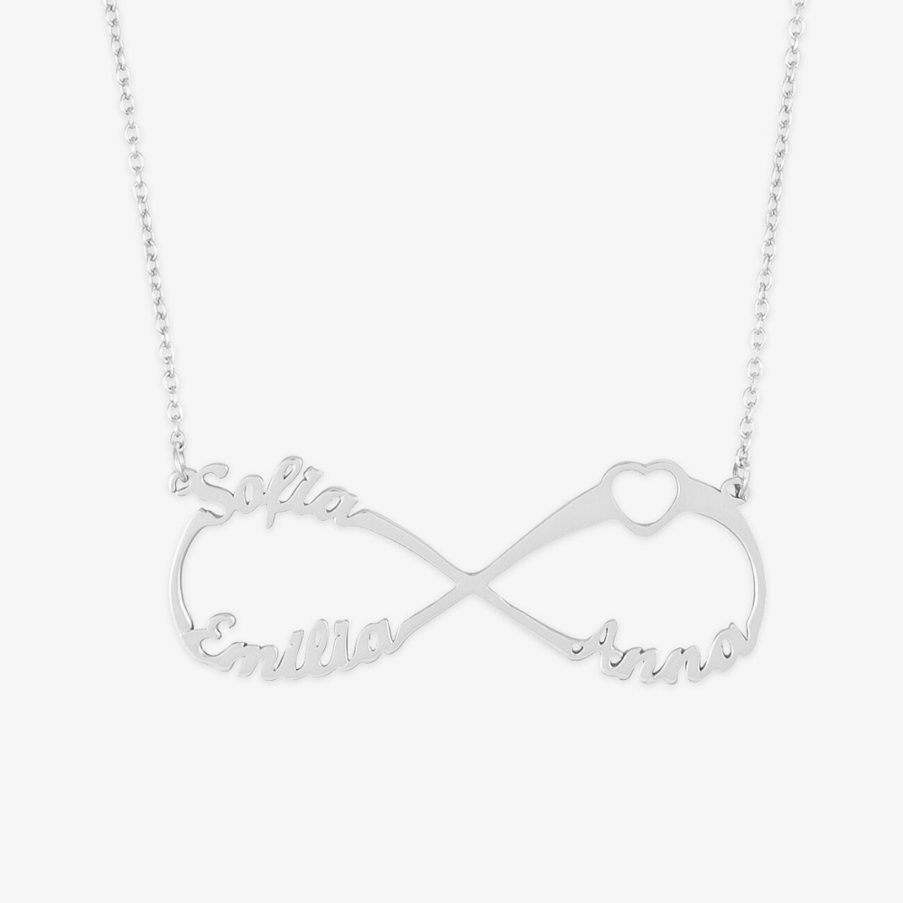 Sterling silver infinity necklace with three names and heart detail, customizable jewelry emphasizing deep connections and love.