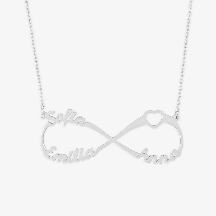 Sterling silver infinity necklace with three names and heart detail, customizable jewelry emphasizing deep connections and love.