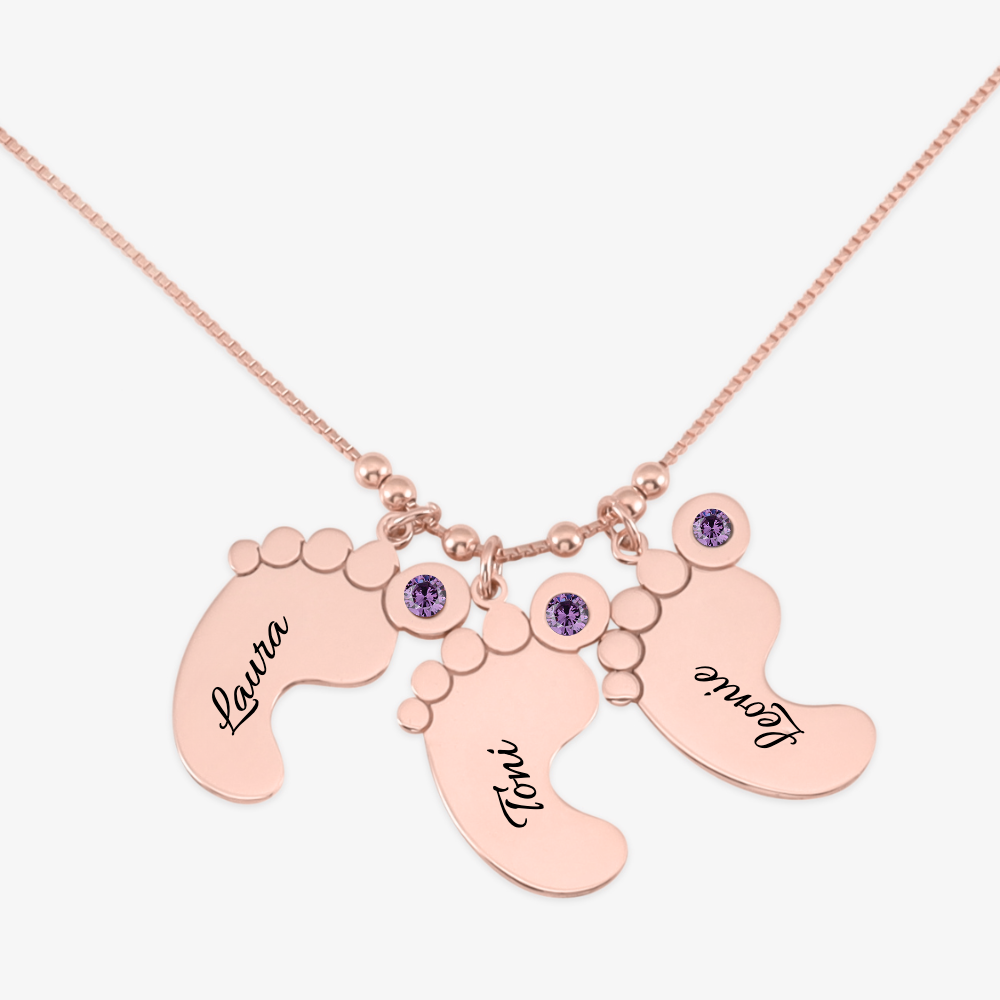 Triple Baby Footprints Pendant Necklace with Birthstones and Engravings