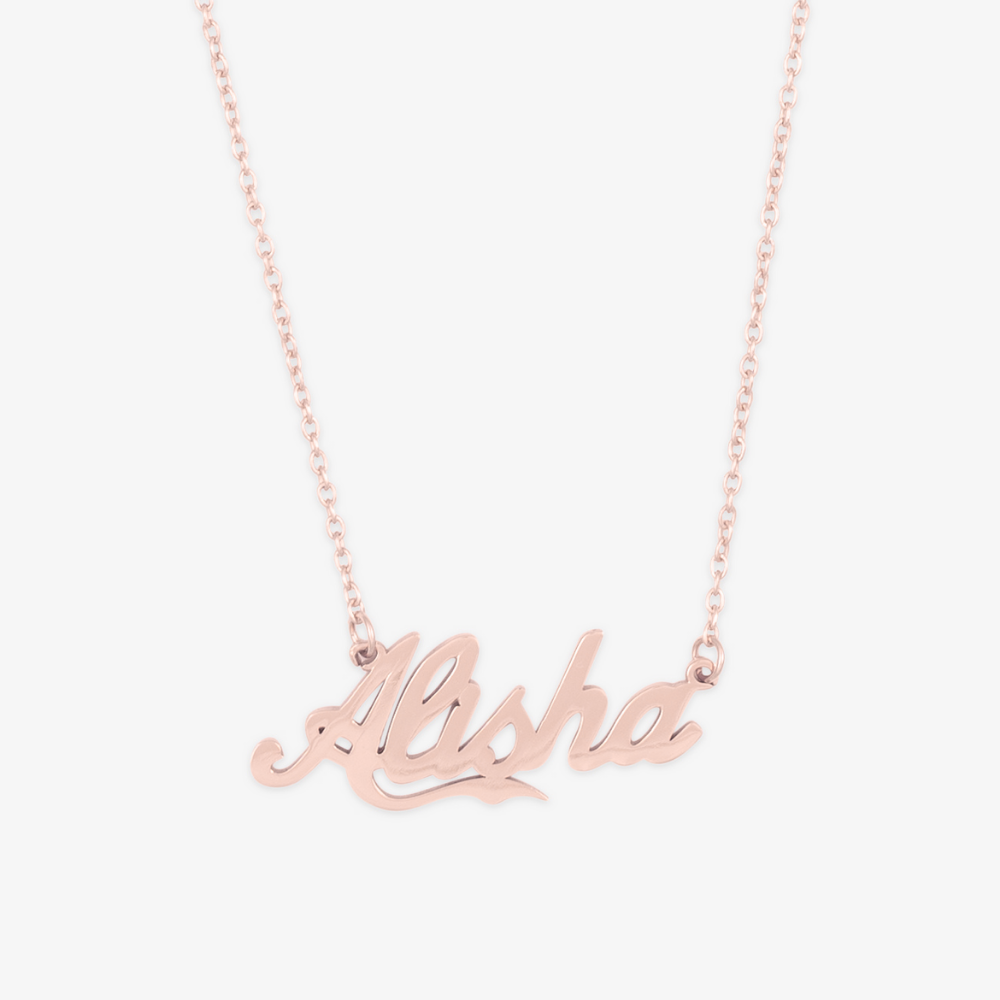 Bold cursive name necklace in calligraphy with "Alisha" in italic bold font on a rose gold chain.