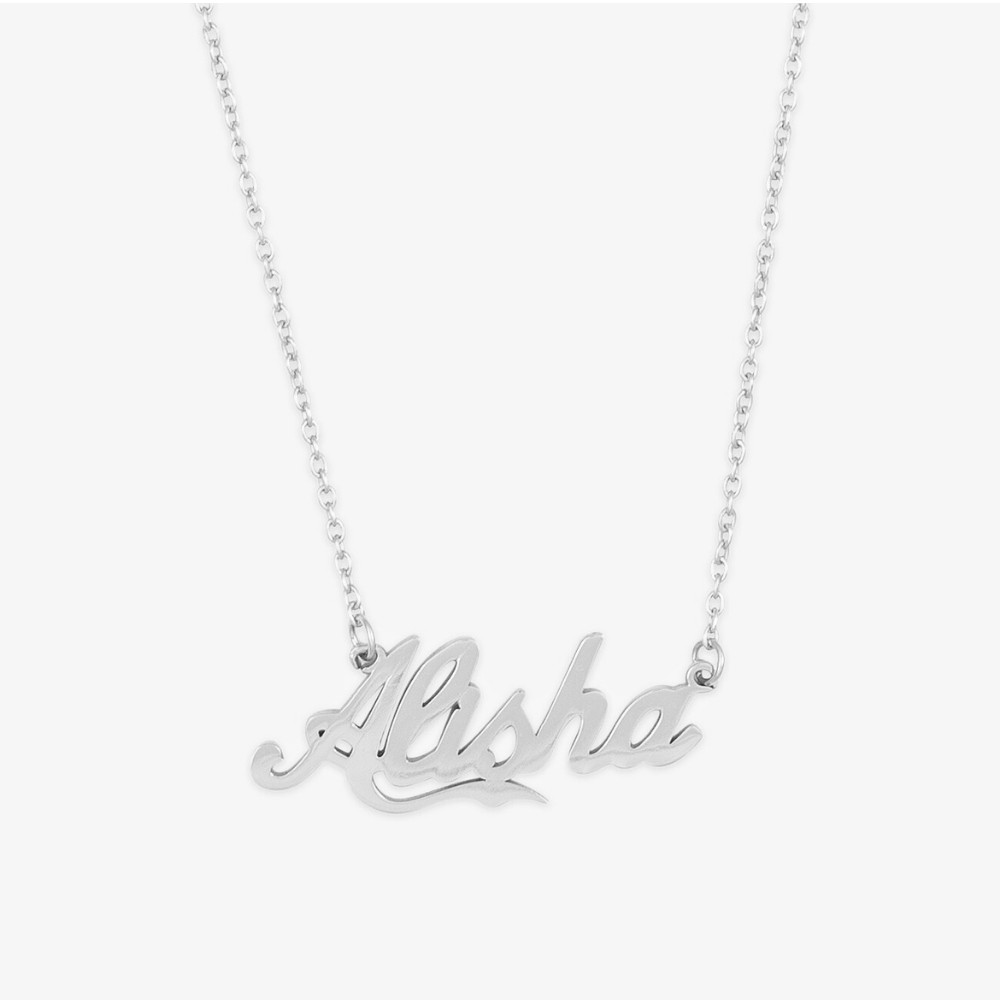 Bold cursive name necklace in sterling silver with the name "Alisha" in elegant calligraphy font.