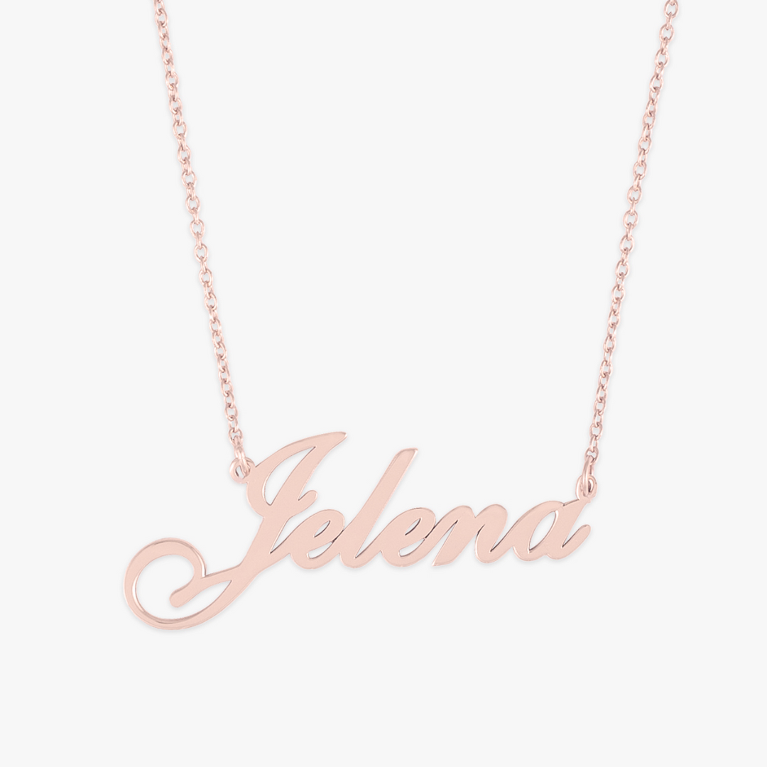 Elegant rose gold classic name necklace with the name Jelena in an appealing font, crafted for personalized everyday wear.