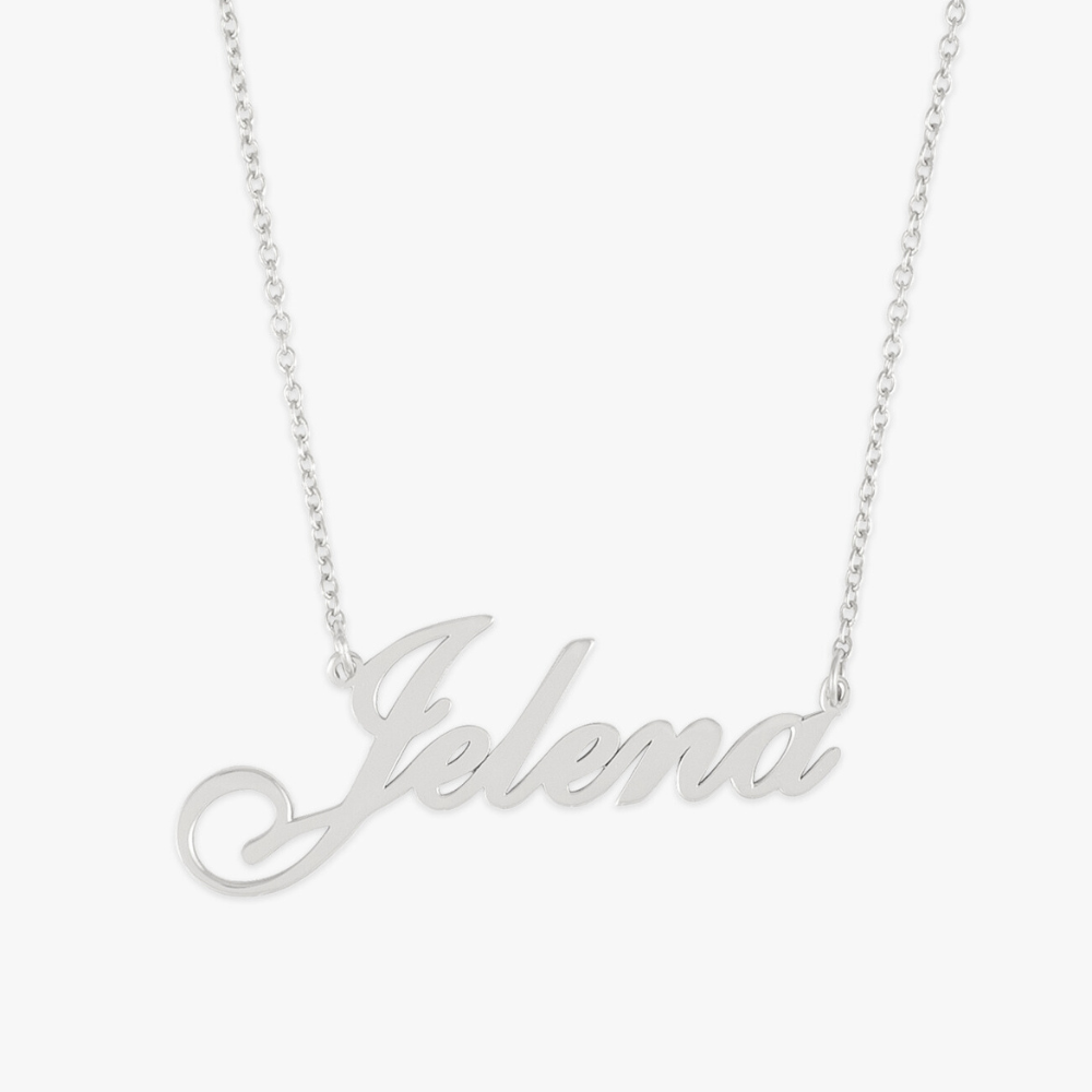 Classic sterling silver name necklace with the name "Jelena" elegantly crafted in a stylish font on a delicate chain for personalization.