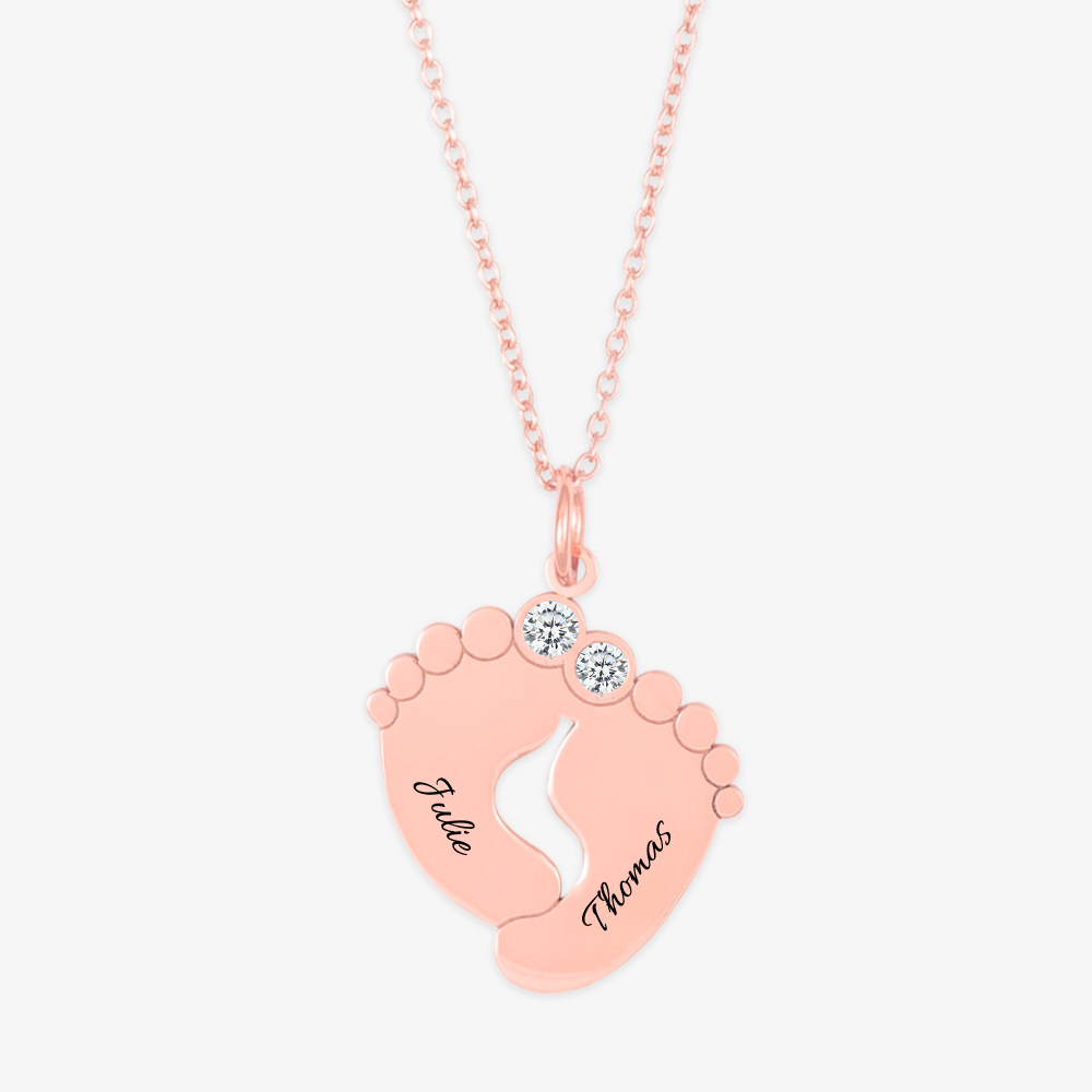 Twin Baby Feet Birthstone Necklace with Personalized Names and Birthstones in Rose Gold