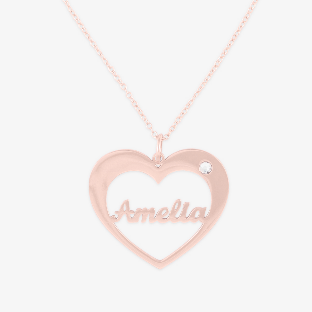 Personalized Heart Name Necklace in Sterling Silver with Birthstone featuring "Amelia" name engraving