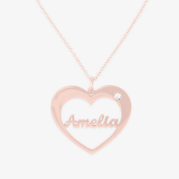 Personalized Heart Name Necklace in Sterling Silver with Birthstone featuring "Amelia" name engraving